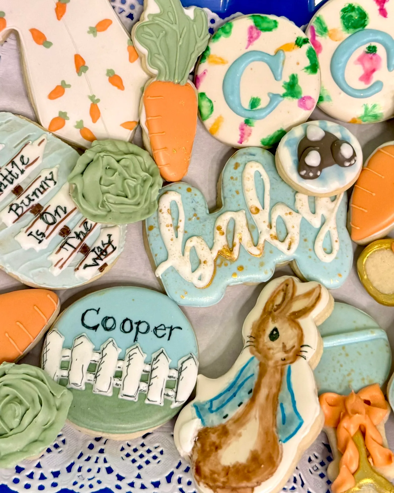 Baby shower cookie mix — names, florals & Peter Rabbit