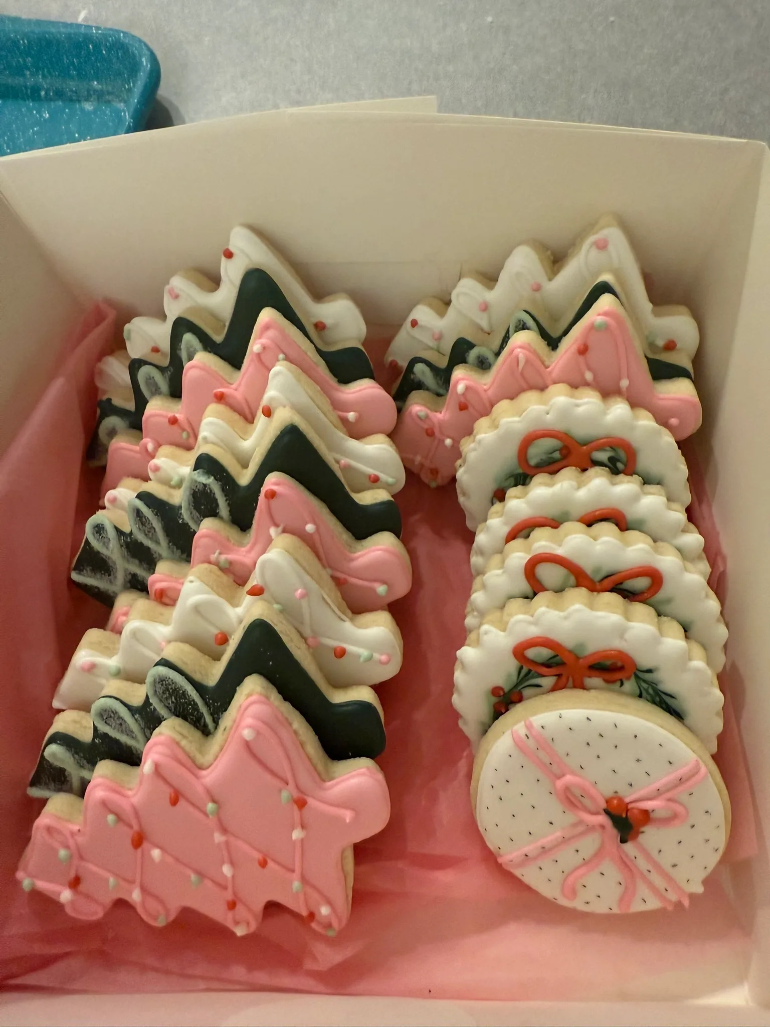 Pastel Christmas trees — pink, green & gold