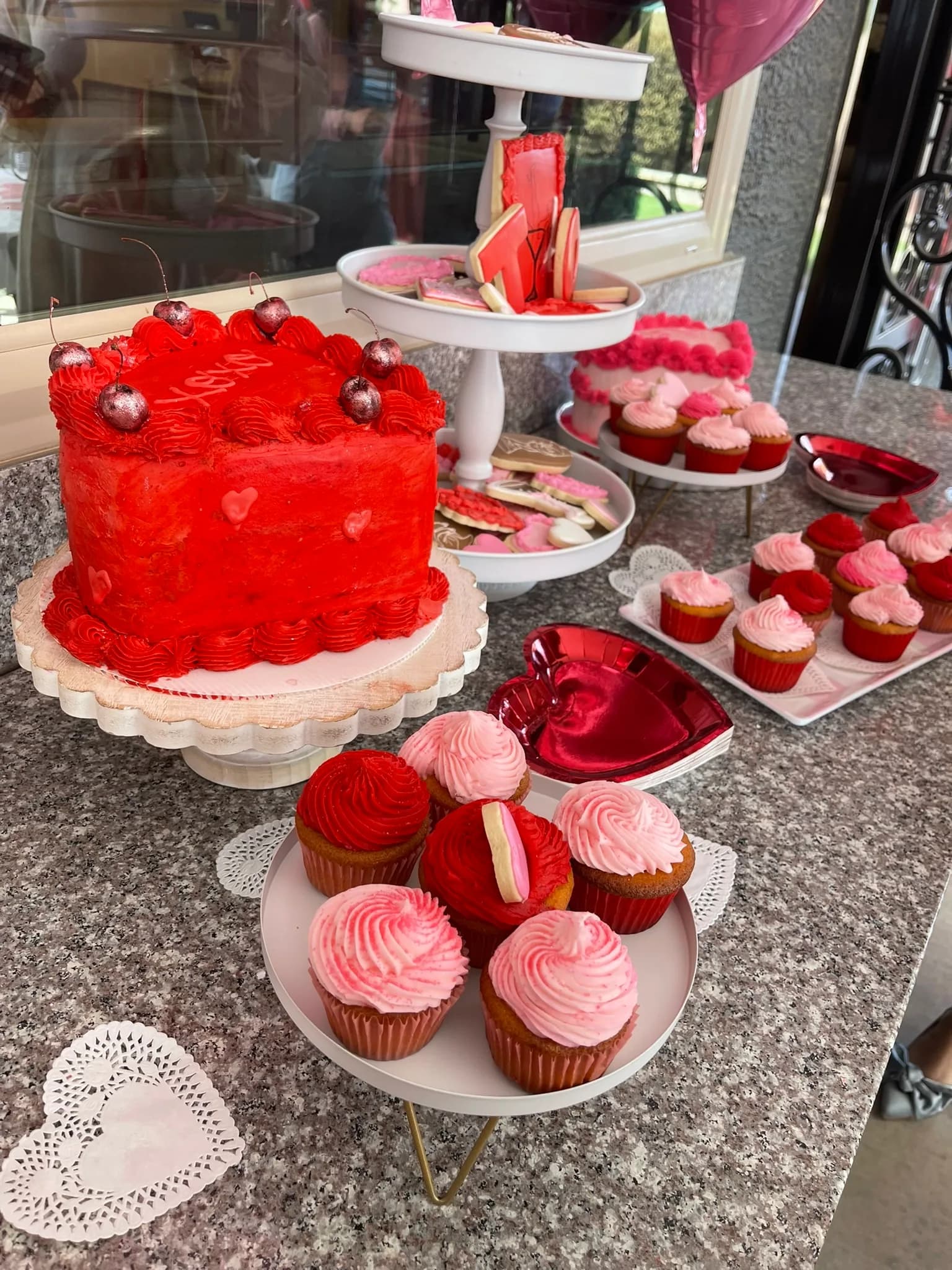Valentine's red drip cake with rose & heart cookies